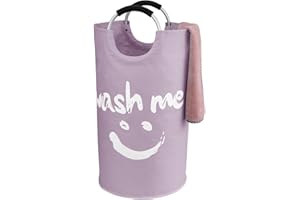 IHOMAGIC Laundry Hamper with Smiley 95L, Foldable Laundry Basket with Soft Carrying Handle, Oxford Fabric Organiser Bin for Storage Clothes Toys, Portable Basket for Bedroom Living room - Purple