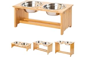YY FOREYY Cajones para Perros levantados para Gatos y Perros - Cajones de Comida y Agua para Gatos con elevaciones de bambú Soportes para alimentadores con 2 tazones de Acero Inoxidable (M)