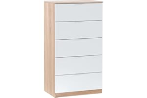 HOMN LIVING Cómoda 5 cajones Nilo Color Roble/Blanco, 60 cm (Ancho) 40 cm (Profundo) 110 cm (Altura)