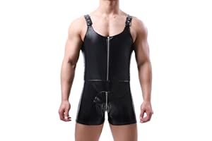 QiaTi Herren ärmellose kurze Hose Leotard Zip Strumpfhose Kunstleder Bodysuit mit 2 Taschen für Männer