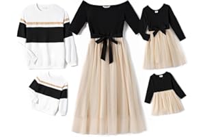 PatPat - Conjunto de trajes familiares de manga larga con aspecto socio, vestido de madre e hija, camiseta de manga larga y vestido de madre e hijo, ropa para otoño y primavera, hombre y niño