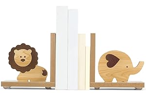 Harloon 2 Pcs Safari Animal Wooden Bookends Nursery Decor for Kids Girl Baby Lion Elephant Animal Bookends Decor for Kid Childrens Bedroom Home Nursery