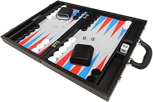 Silverman & Co. 16-inch Premium Backgammon Set - Medium Size - Black Board, Scarlet Red and Patriot Blue Points