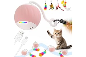 Hersance Interaktives Katzenspielzeug, Automatischer LED Drehender Katzenball mit Sprachaktivierung und 4 Ersatzfedern, Katzen Roller Ball Intelligenzspielzeug Für Kätzchen und Hund (Rosa)