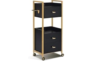 M MCombo Carrello da parrucchiere con ruote e 3 cassetti, carrello da portata, trolley con 2 ripiani e porta asciugacapelli, moderno per bagno, soggiorno, 30 x 40 x 95 cm, 0022 (nero/oro)
