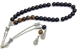 PERLIN Cadena de oración Tesbih Tasbih Tespih Misbaha Subha 33, 30 cm, musulmán islámico Rosario, accesorio de adoración, piedras semipreciosas, ojo de tigre, ónix, perlas de 8 mm