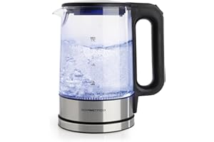 GOURMETmaxx Szklany czajnik elektryczny z niebieskim oświetleniem LED | ponadczasowe, wysokiej jakości wzornictwo ze stali nierdzewnej, praktyczny wskaźnik poziomu wody, filtr zapobiegający osadzaniu