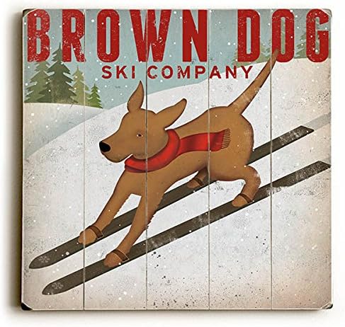 Brown Dog Ski by Artist Ryan Fowler Wood Sign Wall Decor Art Wooden boards 18" x 18" multicoloured