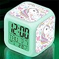 Kids Alarm Clock, 7 Color Digital Wake Up Clocks with 8 Alarm Sounds, LED Night Light Clock with Date Calendar Temperature for Students Boys Girls (Unicorn White)
