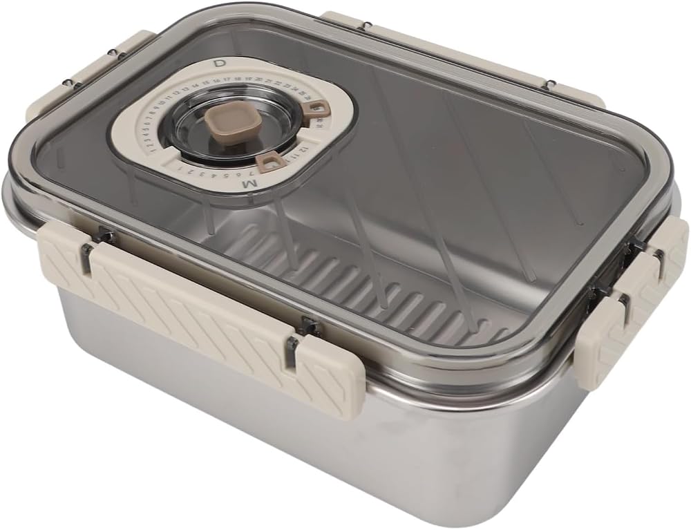 MallArt® Paslanmaz Çelik Saklama Kabı, Tarih İndikatörlü Sızdırmaz Bento Yemek Kabı, Kilitli Kapaklı Ev Akıllı Gıda Koruyucu Sefer Tası (1.6LT Dikdörtgen)