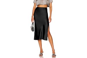 BSLVWG Womens Satin Skirts Casual Silk High Waist Slit Midi Skirt Elastic Waistband Elegant Work Skirts