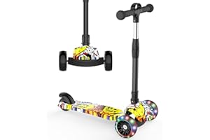 GOLDENOUGH Kids Scooter, 3 Wheel Scooter Folding Kick Scooter for Toddlers with LED Flashing Wheels 4 Height Adjustable Lean to Steer Non-slip Deck Lightweight Children's Scooter for Boys Girls Ages 4-7