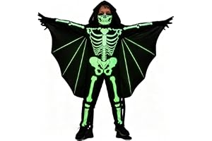 Ruioomeep Barn, fladdermus, skelettdräkt med huva och vingar, lyser i mörkret, halloweenkostym, karneval, cosplay, i ett styc