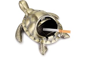 BSTKEY Vintage Windproof Ashtray with Lids - Metal Retro Turtle Modeling Tabletop Ashtray Cigarette Cigar Ash Holder for Outdoor and Indoor Use (Green Bronze)
