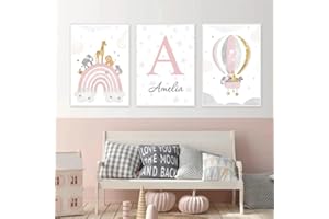 Youihom 3 poster camera da letto ragazza prenom tavolo bebe arcobaleno mongolfiera animali poster camera bambini rosa tela con nome personalizzato parete art deco bambino regalo senza cornice