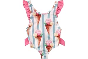 MAHUAOYIXI Costume da Bagno Estivo Bambina con Stampa Gelato con Maniche Volante Senza Schienale per Bambine Swimwear Bambina Elegante Mare Costume da Bagno