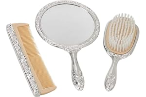 Creative Gifts International Nickel Plated Brass, Non-Tarnished 3-Piece Vanity Set, Brush, Comb, Mirror Set With Embossed Ornate Vintage Designs, Gift Box Included