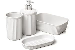 Tatay Set de 4pcs Sobremesa de Baño (Vaso + Dosificador + Jabonera + Organizador A6) Baobab, de Plástico, Libre de BPA, Blanco Pergamon (6391101)