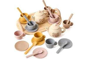 OESSUF Bär Teeservice Kinder Silikon Tee Set für Kinder mit Holz Tablett Küchenzubehör Teeset 14-teiliges, Teeparty Rollenspiele Kinderspielzeug, Geburtstag Geschenk für Mädchen Jungen von 1 2 3