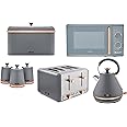 TOWER Cavaletto Grey & Rose Gold Kitchen Set of 7 Including Pyramid Kettle, 4 Slice Toaster, Microwave, Bread Bin & 3 Canisters. Contemporary Matching Kitchen Set in Grey & Rose Gold