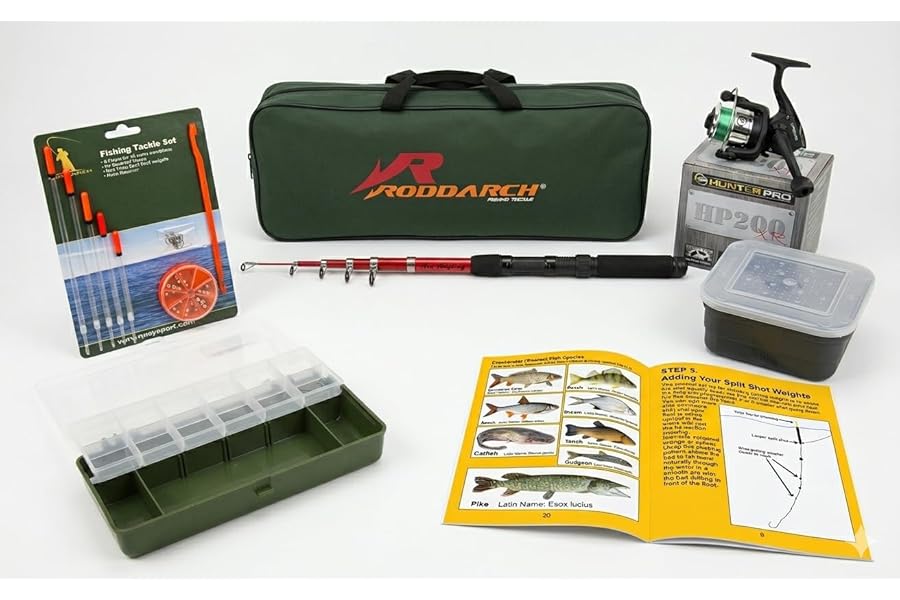 Roddarch Junior Fishing Kit for Kids: Complete Starter Set with 2.0m Telescopic Rod, HP200XR Reel & Full Tackle – Includes 20-Page "How to Fish" Guide & Species ID Chart – Perfect Beginner set