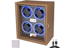 Blendra Automatic Watch Winder Box for 4 Watches - Quiet Motor, 4 Rotation Modes & Blue LED Light, Acrylic Display Case With Wipe Cloth - Watch Storage