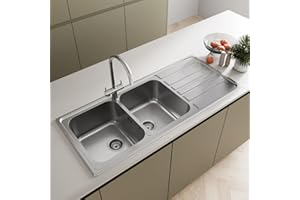 SÄUBER® 1160 x 500mm Stainless Steel Kitchen Sink 2.0 Double Bowl Inset Drop in Installation, Right Hand Drainer, 18/8 Grade Steel Sinks, Free Basket Strainer Waste