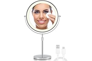 ‎OMIRO OMIRO 3X/10X Vergrößerungs LED Schminkspiegel mit Licht, 21 cm Doppelseitiger Schwenkbarer Kosmetikspiegel mit Höhenverstellbarem Ständer (Silber)