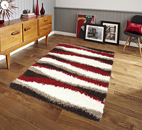 Extra Large Red White Brown Waves Design Shaggy Rug Colours 5cm Thick Soft Pi...