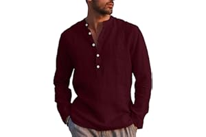 LVCBL Mens Casual Cotton Shirt Long Sleeve Band Collar Henley Shirt Tops