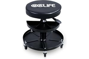 CCLIFE Tabouret d'atelier à roulettes Max.150 kg avec 2 Plateaux Range Outils Tabouret de Travail Réglable en Hauteur 38-50 cm