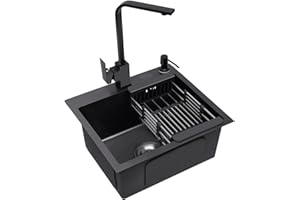 TIXBYGO Spüle Spülbecken Edelstahl mit Armatur Schwarz 40 x 45 cm, Einbauspüle Küchenspüle Granitspüle für 45 cm Unterschrank, inkl. Küchenarmatur 360° drehbar, Seifenspender, Über- u. Ablaufgarnitur