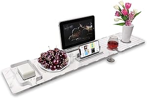 CUAYAES Luxury Bath Tray, Silicone Bath Caddy Tray Built in Stainless Steel Plate, Anti-Bending Bath Shelf Over Bath, Bath Gift Anti-Slip Bathtub Tray Table for Women Men Relaxing, 35.4 Inches