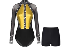inlzdz Women's Shiny Rhinestones Gymnastic Dance Costume Long Sleeve Leotard with Shorts Contemporary Performance Dancewear