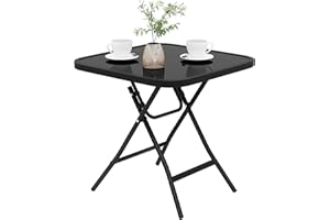eSituro Table de Jardin Pliante, Table de Balcon, pour Terrasse, en Verre Trempé, Noir, Carrée 46x46x48cm