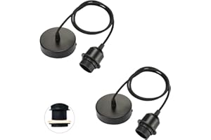 Linkind Portalampada E27 in Metallo, Lampada a Sospensione con Cavo(100CM Altezza Massima Regolabile) e Anello Filettato, Portalampada Compatibile con Paralume, 2 Pezzi(Nero)