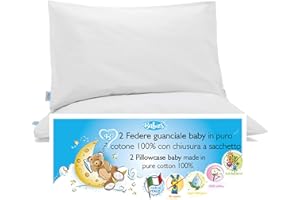 4BABIES-Federa Cuscino 50x30 Bambino- Set 2 Federe per cuscino lettino e culla 100% PURO COTONE Made in Italy - Chiusura a busta - Certificato OEKO-TEX - Biancheria da letto per bambini - BIANCO