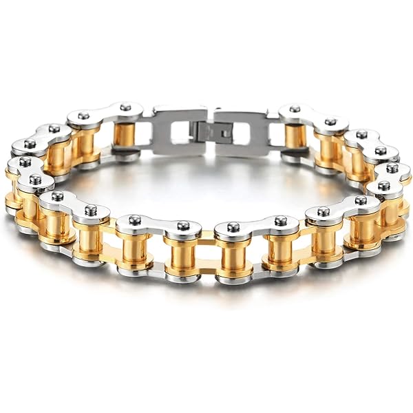 COOLSTEELANDBEYOND Uomo Acciaio Inossidabile Colore Oro Catena e Nero Pelle Intrecciata Braccialetto, Bracciale con Chiusura Magnetica, Tre Righe