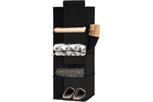 YOUDENOVA Hanging Wardrobe Organiser 4 Shelves Wardrobe Storage Hanging Shelves With Side Pockets Clothes Organiser Bedroom Storage Black
