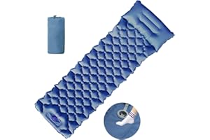 HI FINE CARE Colchoneta de dormir inflable con almohada, almohadilla de camping con bomba de pie integrada, almohadilla de colchón ligera para acampar en coche, mochilero, tienda de campaña y senderismo (azul