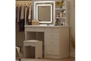 DEZAGCE Schminktisch, Kosmetiktisch mit 3 Farben LED-Licht und Spiegel, Spiegelleuchte Spiegel, 5 Schubladen, Schminktische, Eitelkeit Tisch, Frisiertisch mit Hocker, Großer Stauraum, weiß