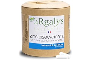 Zinc Bisglycinate Hautement Assimilable + Vitamine C, B6 & Sélénium - Immunité, Acné, Peau & Cheveux - 100% AJR - Formule Complète - 2 Mois - 60 Gélules vegan - Fabriqué en France - Argalys