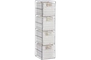 Home Source Bathroom Chest of Drawers, 4 White Seagrass Storage Baskets, Silver Metal Frame, 65cm