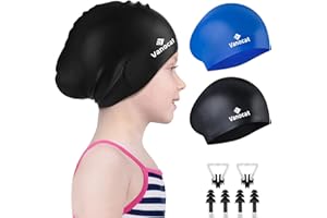 Vanocat 2 Pack Swimming Cap Kids Long/Short Hair, Unisex Swimming Cap Girls Boys for Age 3-15 Years Toddler Waterproof Swimming Cap with Ear Plugs Nose Clip Black + Blue