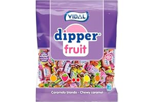 Dipper Vidal Golosinas Dipper Fruit. Caramelo blando masticable con zumo de frutas. Sabores frutales: piña, limón, naranja, fresa y cereza. Bolsa de 1kg.