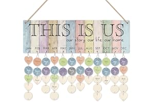 CHDITB This Is Us Family Birthday Reminder Calendar Board(16”x5), DIY Birthday Gifts for Mom/Dad/Grandma, Wooden Family Birthday Calendar Wall Hanging with 100 Heart/Circle Tags