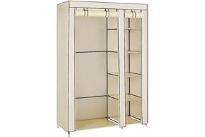 Homewell Armadio pieghevole in tessuto, armadio pieghevole con 1 asta, 110 x 45 x 175 cm, due ante, cinque scarpiere, beige