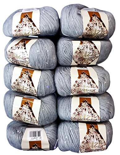 10 x 50g Alize Wolle mit Mohair und Pailletten zum Stricken und Häkeln, Farbe grau Nr. 21, 500 Gramm Strickwolle