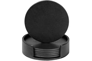 RICHSUM Drink Coasters Set of 6 Leather Coasters Spill Protection for Table Desk,Durable and Non Slip Leather Coaster Perfect for Common Size Glass Coffee Cup & Mug,4 Inches,Black Round
