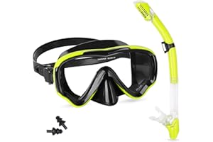 Snorkel Set Adults, Amiable Anti-Fog Diving Mask, Panoramic View Wide Snorkel Mask, Dry Snorkel and Mask, Tempered Glass Diving Goggles for Adult Snorkelling Swimming